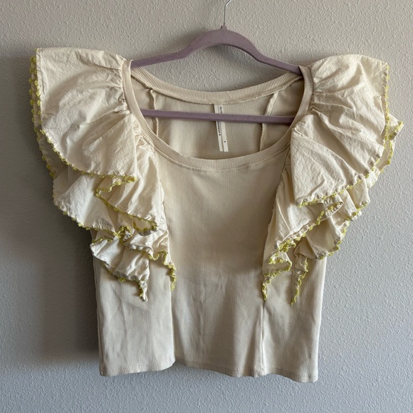 Anthropologie Oversized Ruffles Short Sleeve Ribbed Top Women’s Medium Cream - Picture 5 of 12